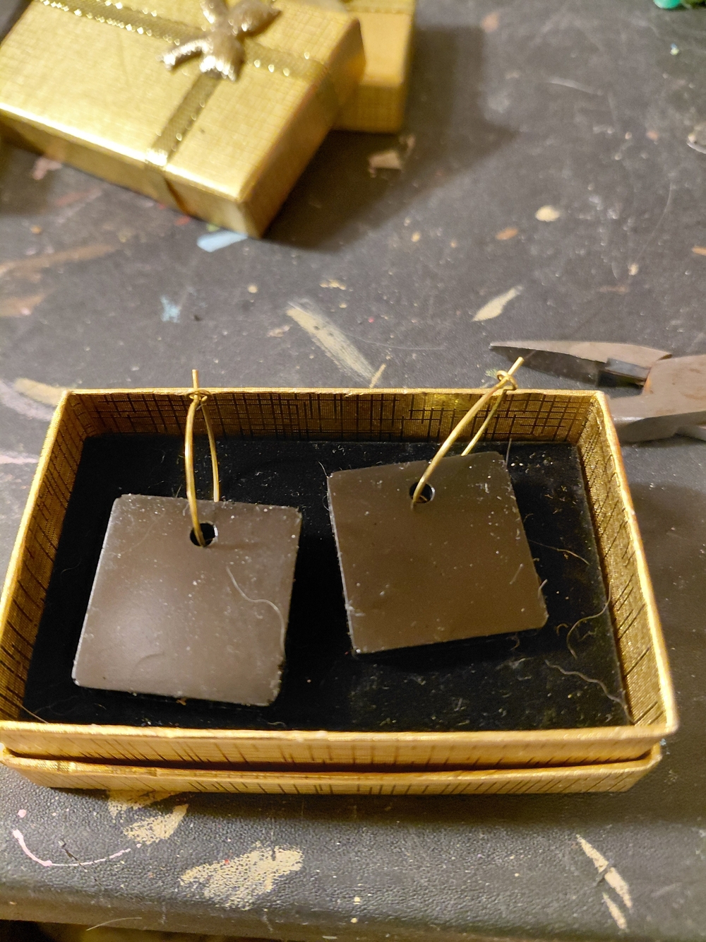 Handmade Black Square Drop Earrings with Gold Hoops